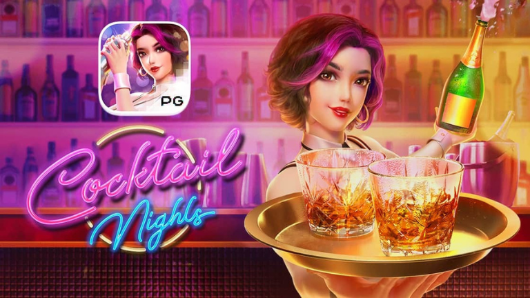 "Cocktail Nights slot by PG Soft, featuring colorful cocktails, wilds, free spins, and a unique cocktail mix bonus."