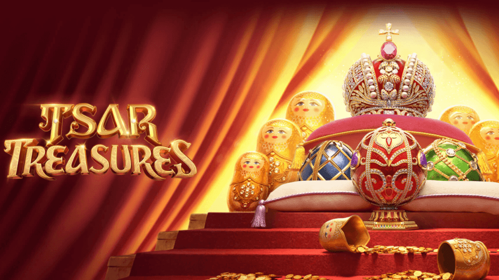 "Tsar Treasures slot by PG Soft showcasing royal symbols like crowns, jewels, and gold coins."