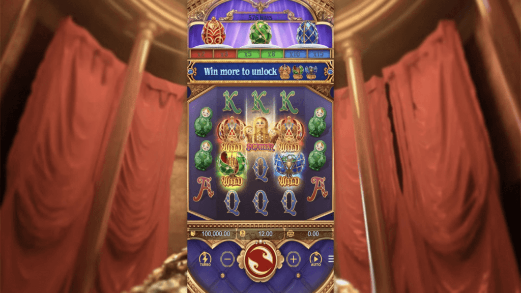 "Tsar Treasures by PG Soft featuring regal symbols like crowns, gold coins, and royal treasures."