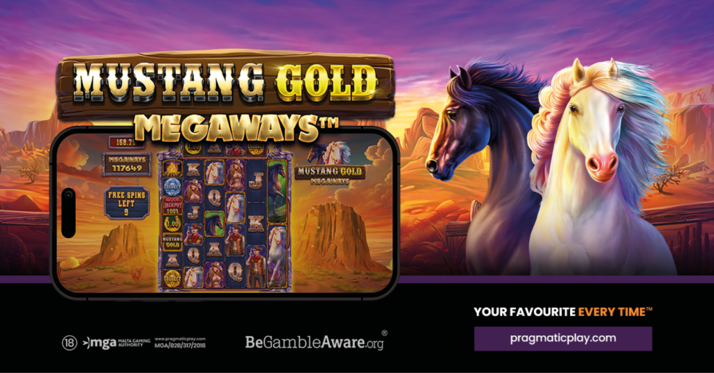 Mustang Gold Megaways slot game featuring a Western theme with mustangs, cowboys, and golden wild symbols.