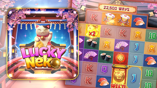 "Lucky Neko slot game by PG Soft with vibrant Japanese-themed symbols like lucky cats, koi fish, and gold coins."